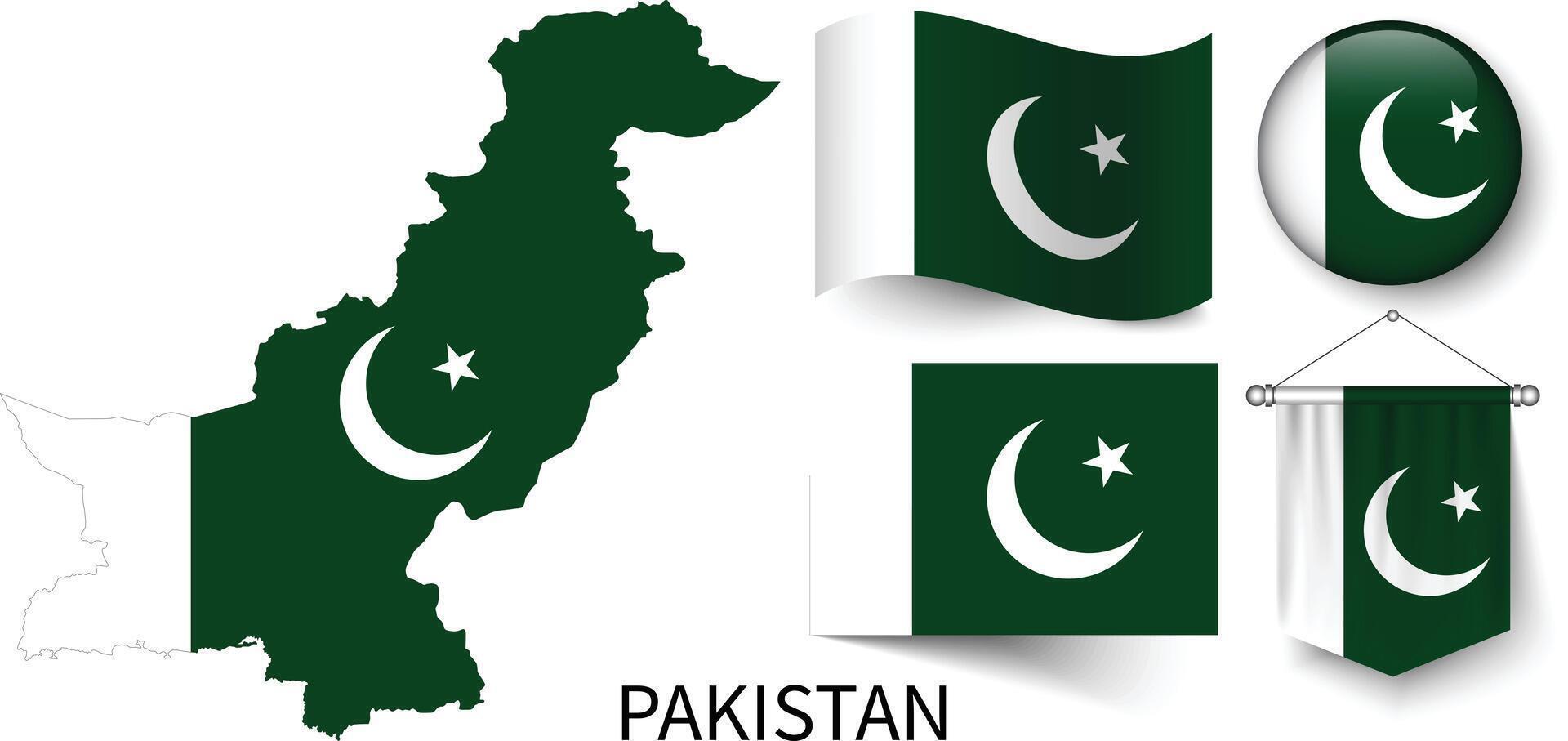 The various patterns of the Pakistan national flags and the map of Pakistan's borders vector