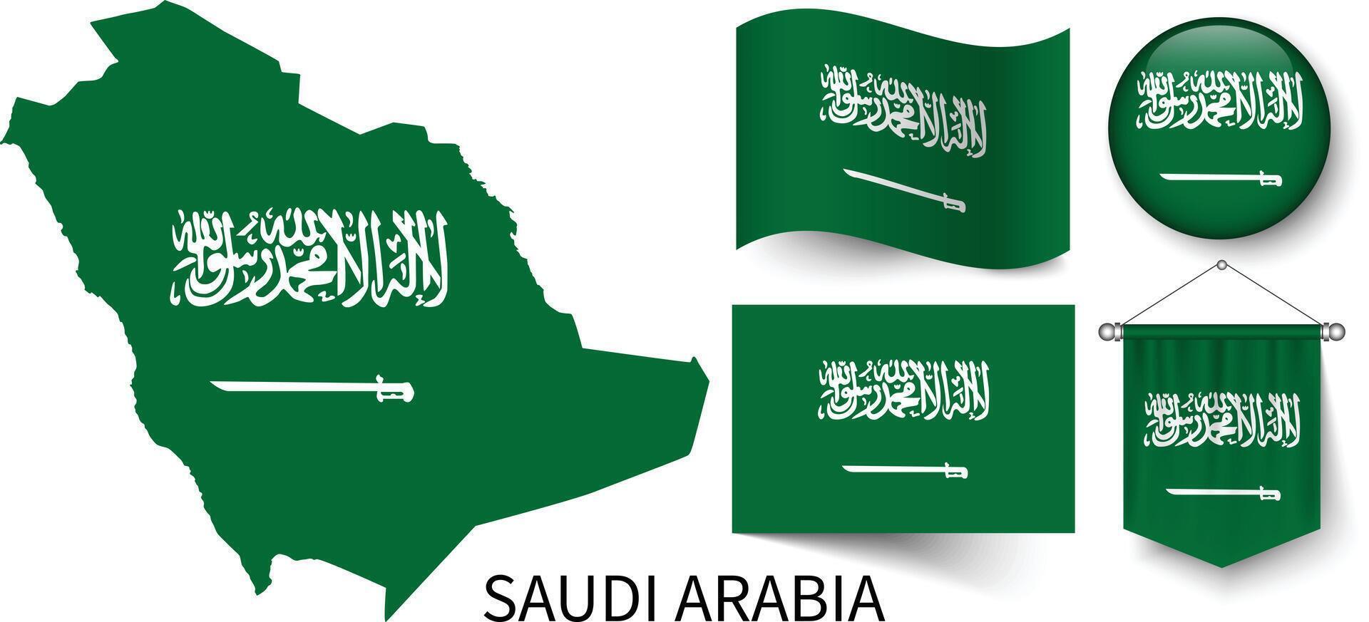 The various patterns of the Saudi Arabia national flags and the map of the Saudi Arabia borders vector