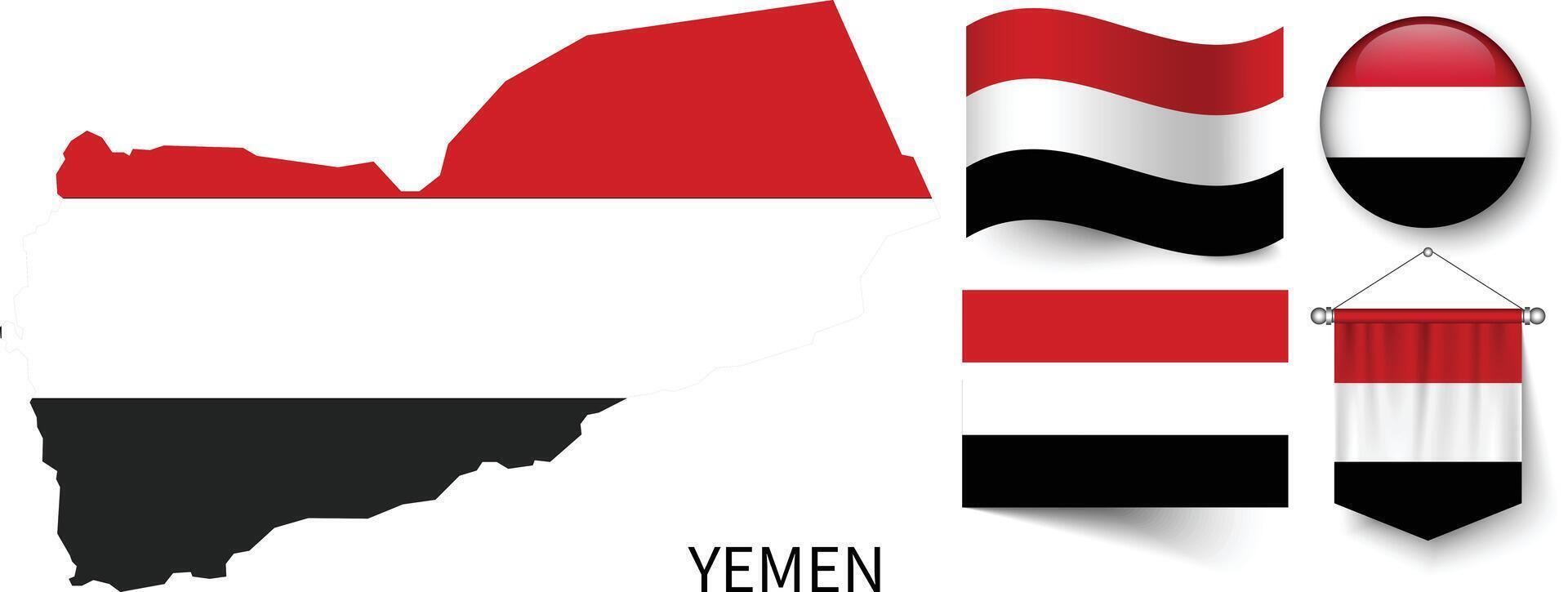 The various patterns of the Yemen national flags and the map of the Yemen borders vector