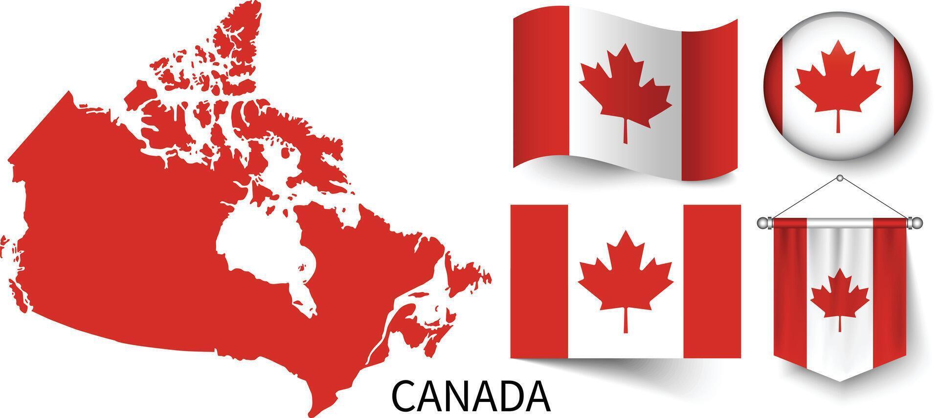 The various patterns of the Canada national flags and the map of the Canada borders vector