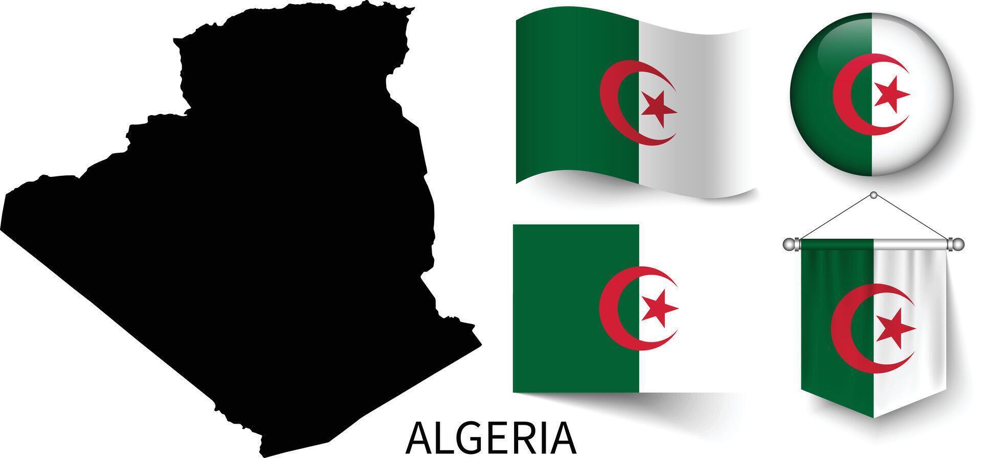 The various patterns of the Algeria national flags and the map of the Algeria borders vector