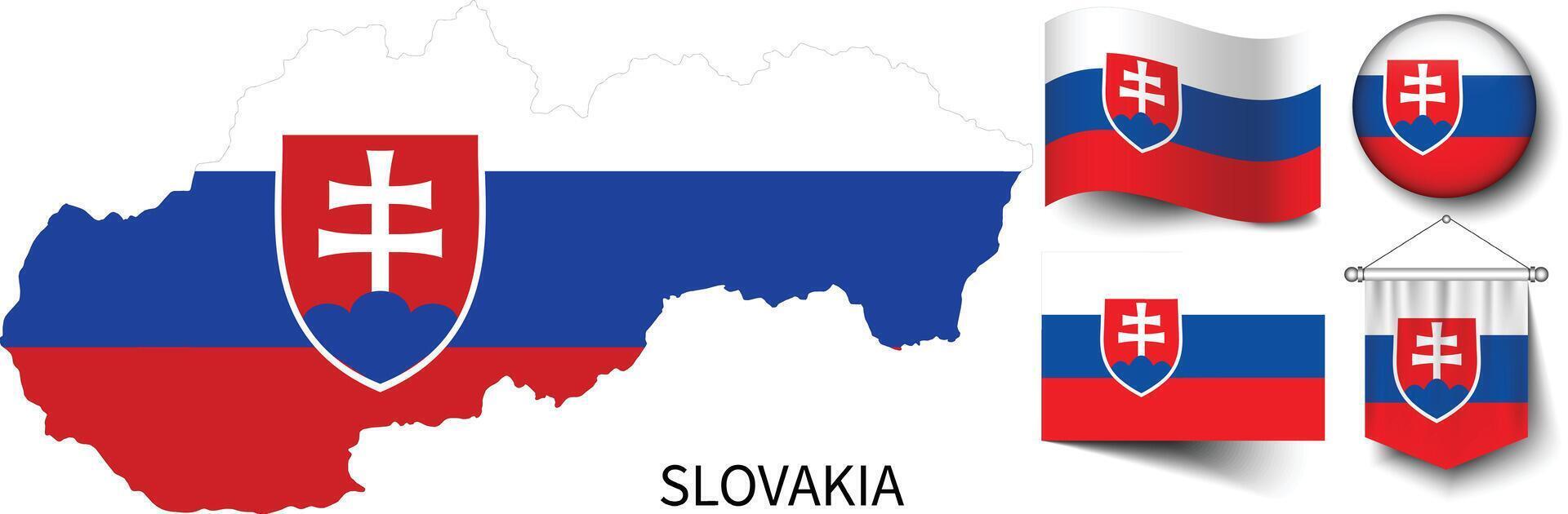 The various patterns of the Slovakia national flags and the map of the Slovakia borders vector