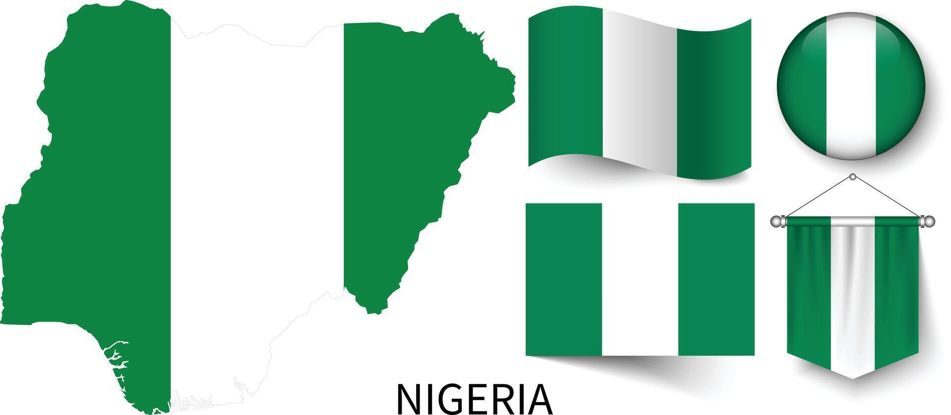 The various patterns of the Nigeria national flags and the map of Nigeria's borders vector