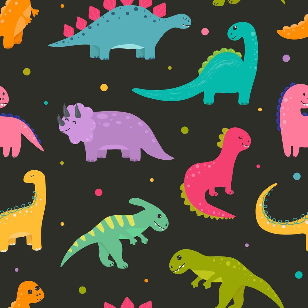 Vector seamless childish pattern with colorful dinosaurs. Baby background for nursery, wrapping paper, fabric, textile. Funny little dinosaur.