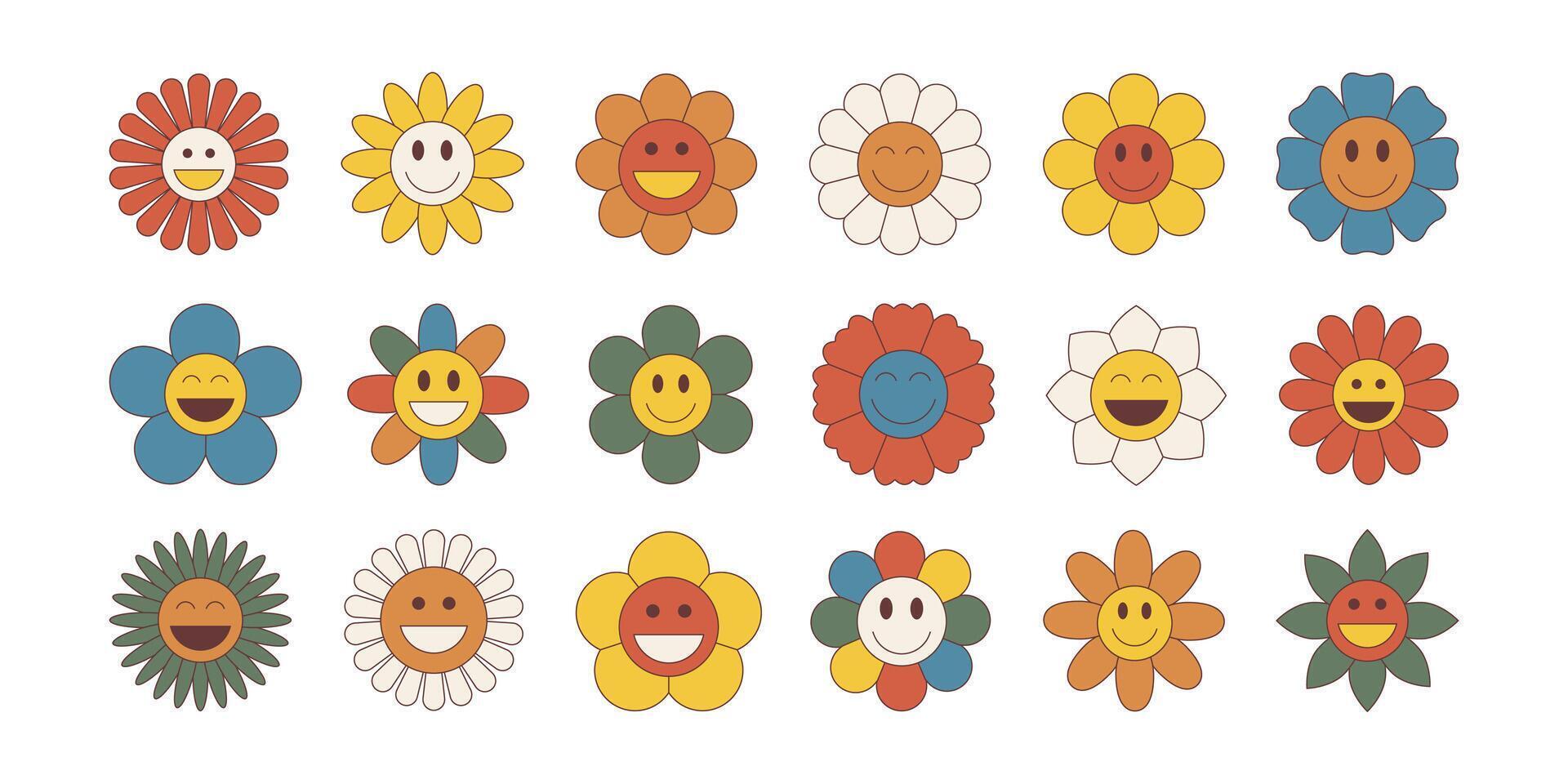 Groovy flower cartoon characters. Sticker pack in trendy retro trippy style. Hippie 60s, 70s style. vector