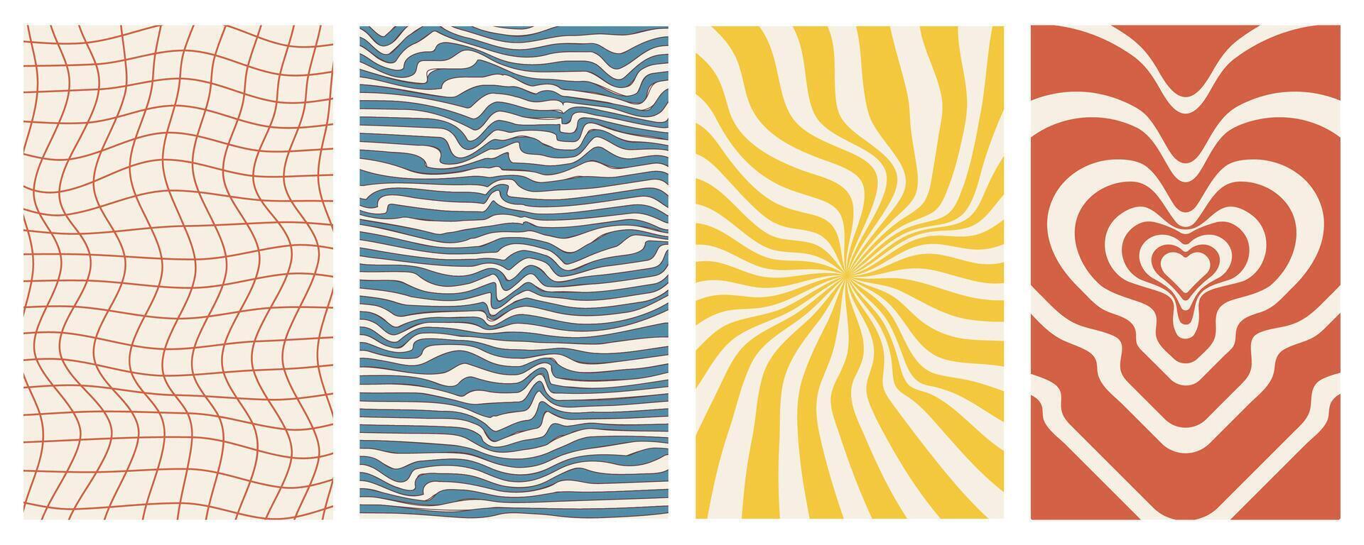 Groovy backgrounds. Set of background in trendy retro trippy style. Hippie 60s, 70s style. vector