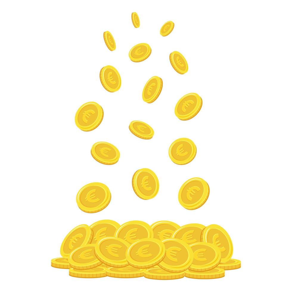 Euro coins. Falling coins, falling money, flying gold coins, golden rain. Stack of gold coins. vector