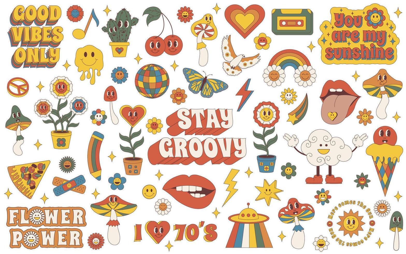 Groovy set. Groovy hippie 70s set. Sticker pack in trendy retro psychedelic cartoon style. Isolated vector illustration.