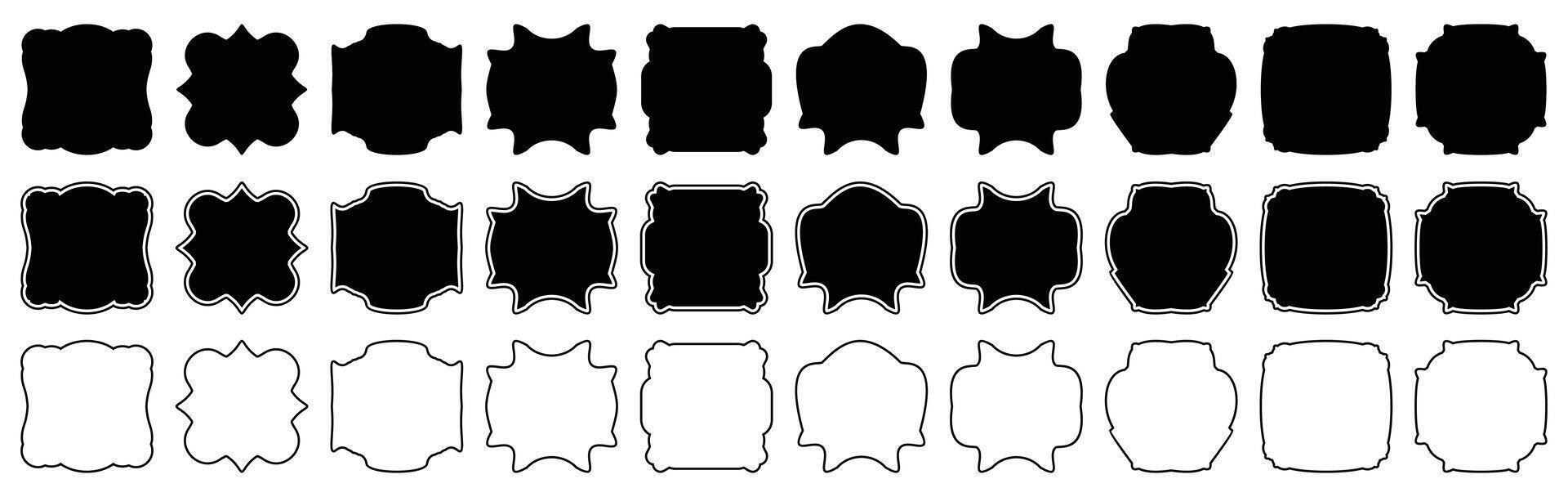 Set of 30 simple vintage labels, vector illustration. Blank frames of various shapes. Elegant black and white background. Simple retro elements for your design.