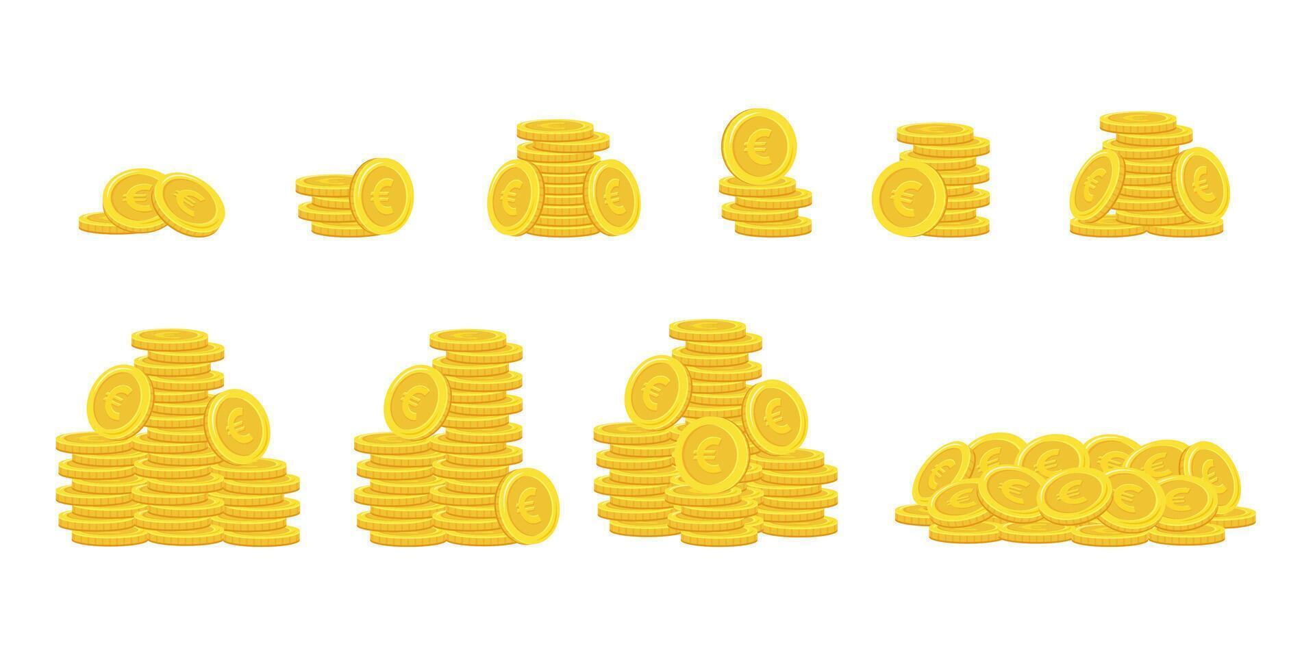 Euro coins. Stack of gold coins. Golden coin pile, money stacks and golds piles. vector