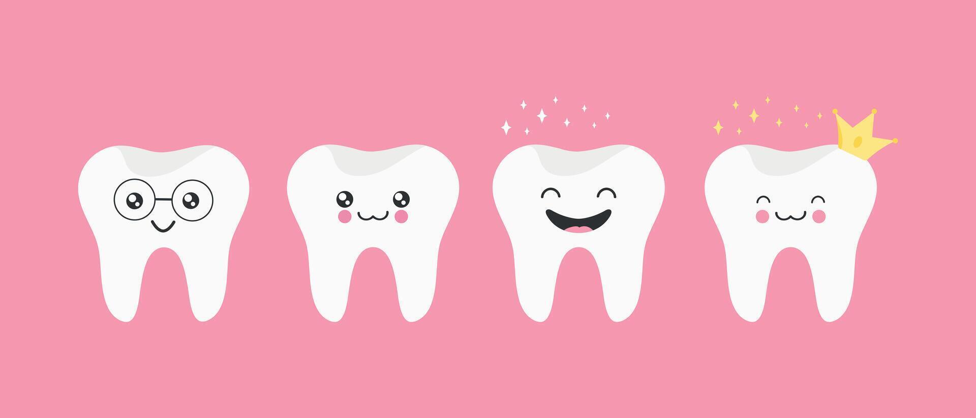 Set of cute cartoon teeth. Healthy and happy tooth. Cute smiling tooth icons. Vector illustration