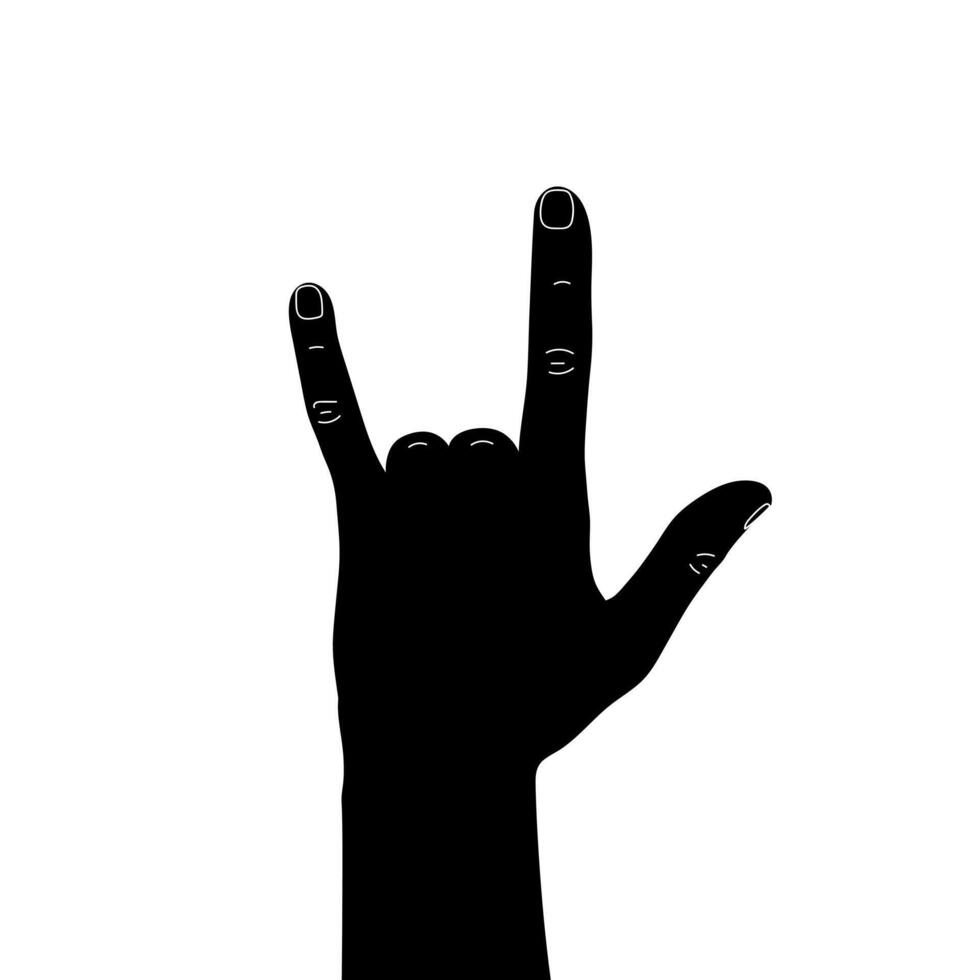 Hard rock horns sign. Rock hand sign silhouette with white contour. Back view. Vector illustration