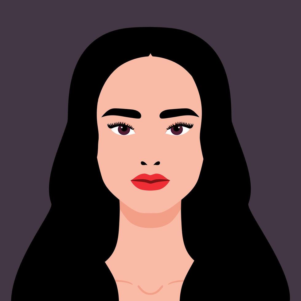 retrato de un hermosa joven mujer. retrato o un avatar de un niña con largo negro pelo y rojo labios. vector ilustración