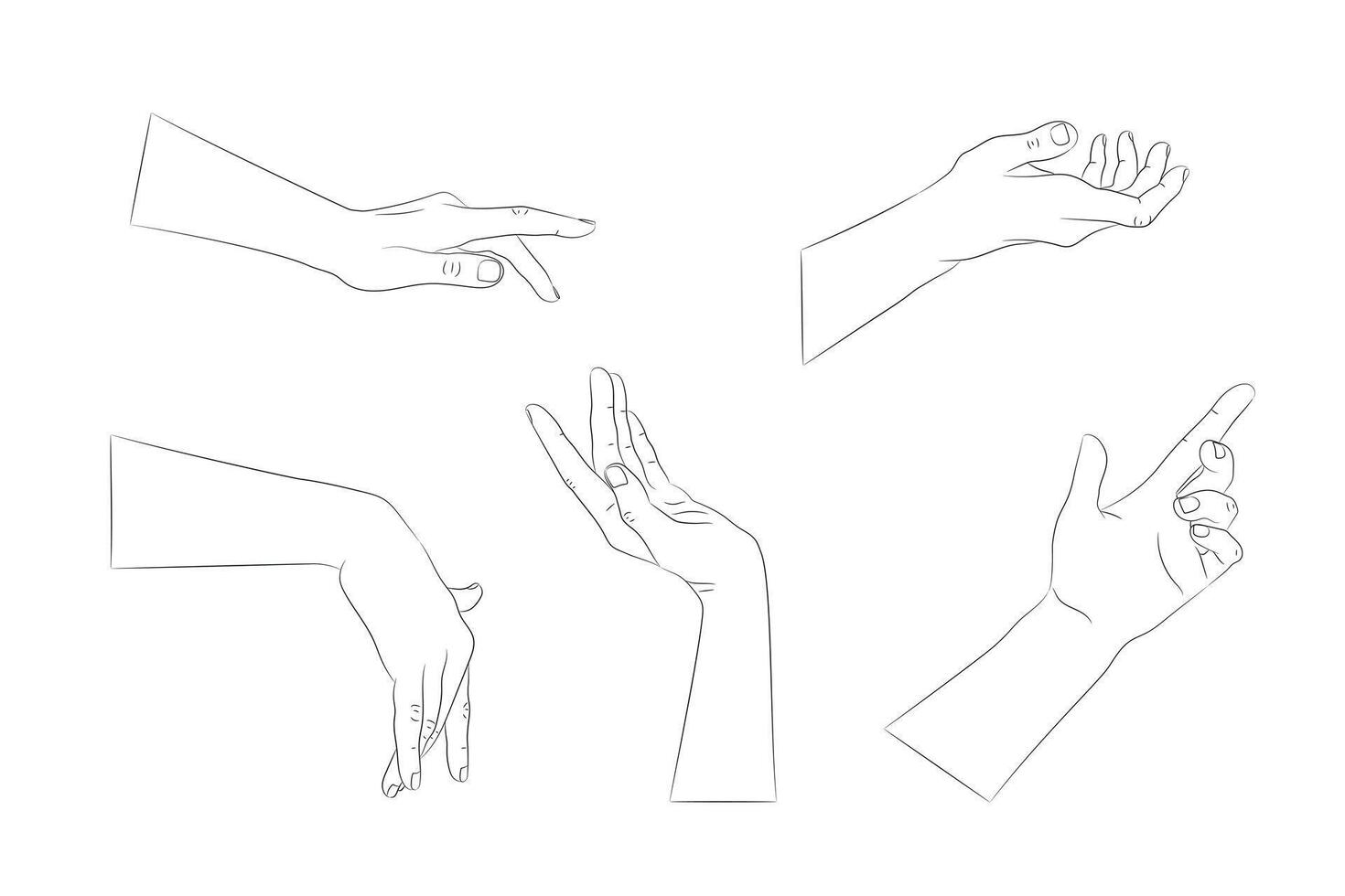 Set of hand drawn human hands with different gestures. Hand outline with an empty contour. Vector illustration