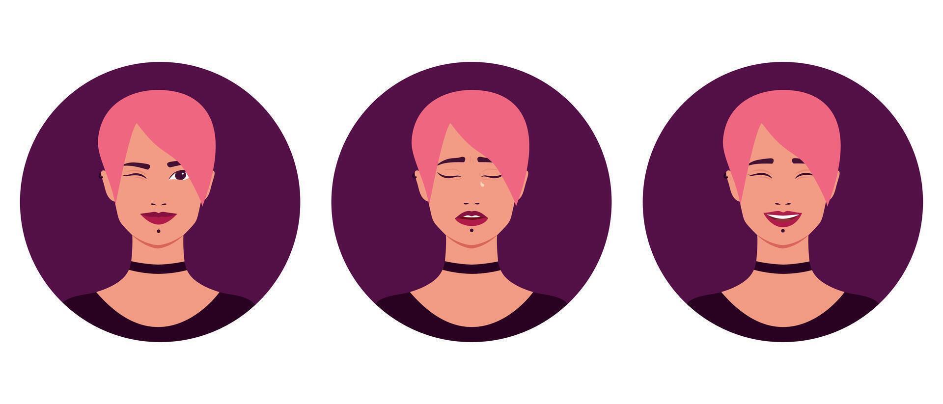conjunto de retratos de un hermosa informal joven mujer con rosado pelo y perforación. sonriente y parpadeo, llorando y riendo muchacha. vector ilustración