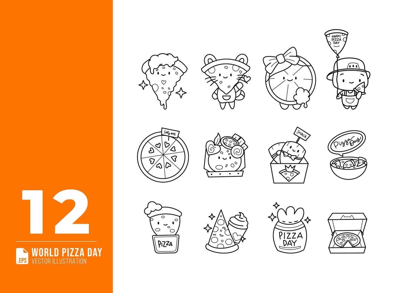 Hand drawn world pizza day doodle vector elements set. Pizzeria design illustration.