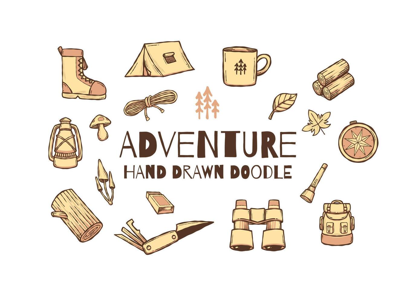 Hand drawn adventure doodle design elements vector illustration collection set