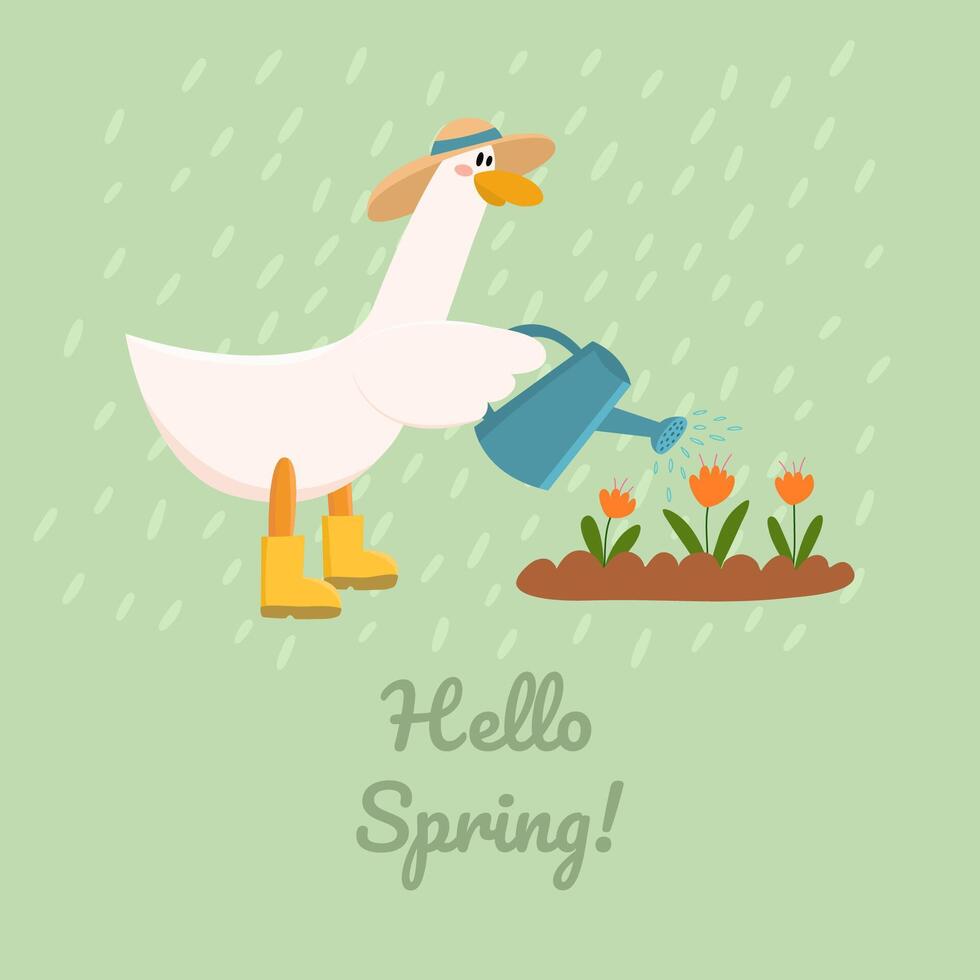 linda ganso con un riego lata en su mano riego flores primavera. Hola primavera. usado para saludo tarjeta, y póster diseño. vector