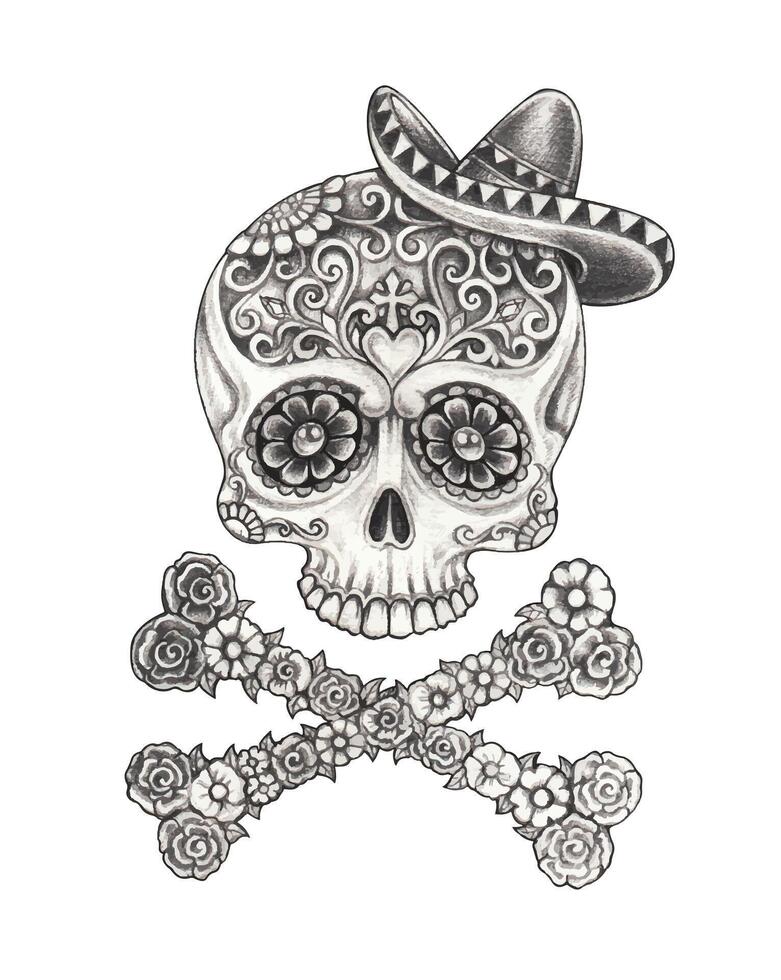 Cute skull and crossbones day of the dead design by hand drawing. vector