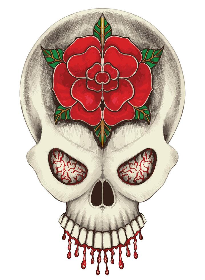 Surreal skull tattoo design by hand drawing on paper. vector