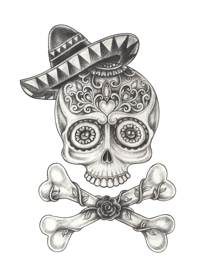 Cute skull and crossbones day of the dead design by hand drawing. vector