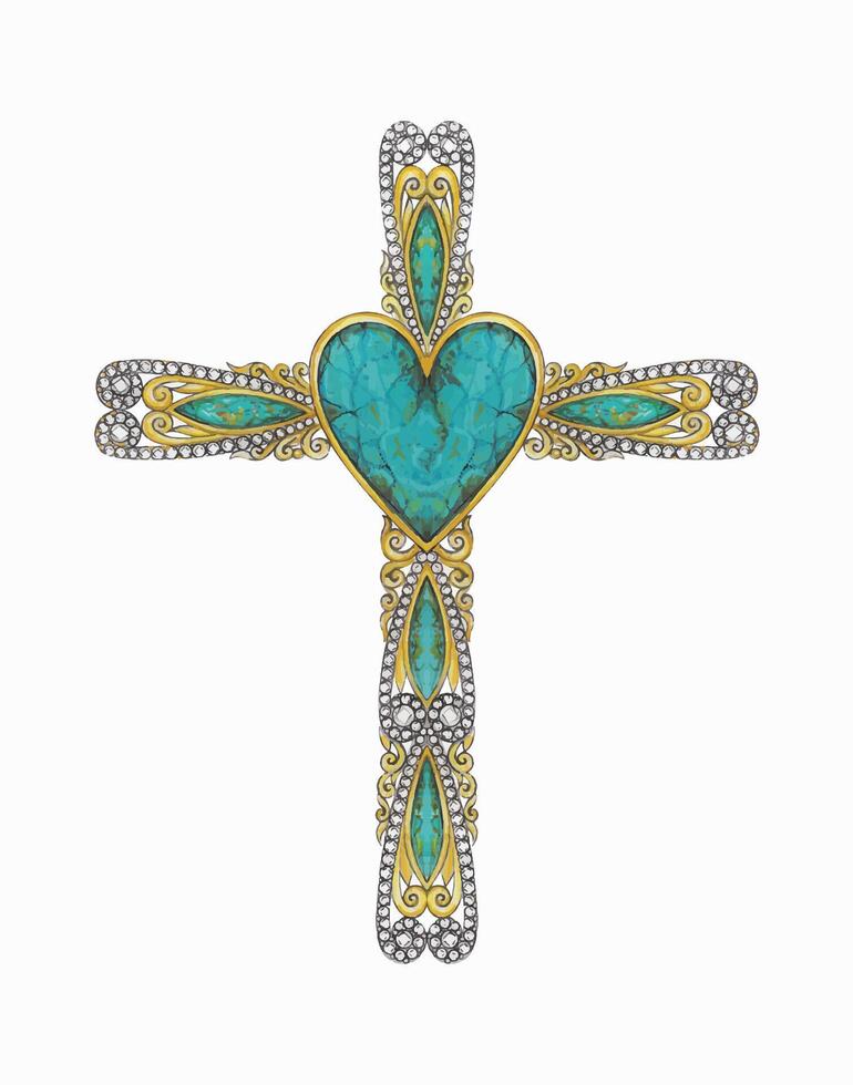 Jesus cross jewelry design vintag art set with diamond heart turquoise and gold design by hand painting on paper. vector