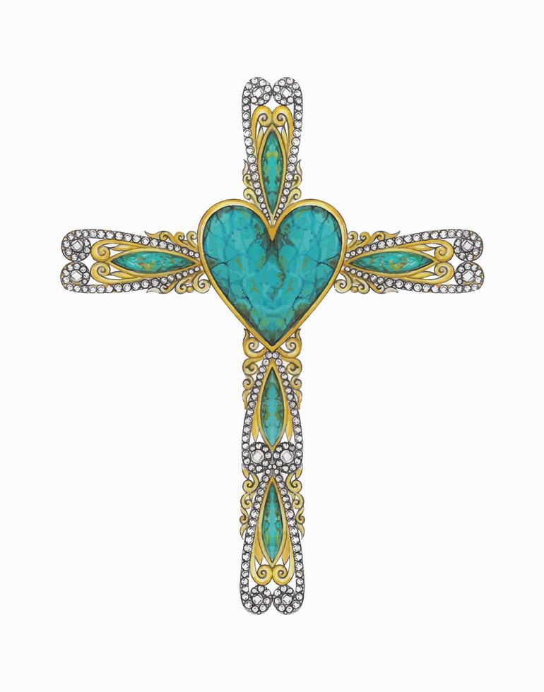 Jesus cross jewelry design vintag art set with diamond heart turquoise and gold design by hand painting on paper. vector