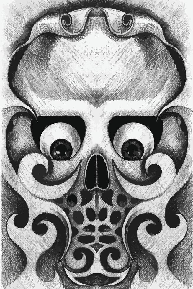 Skull tattoo design by hand drawing on paper. vector