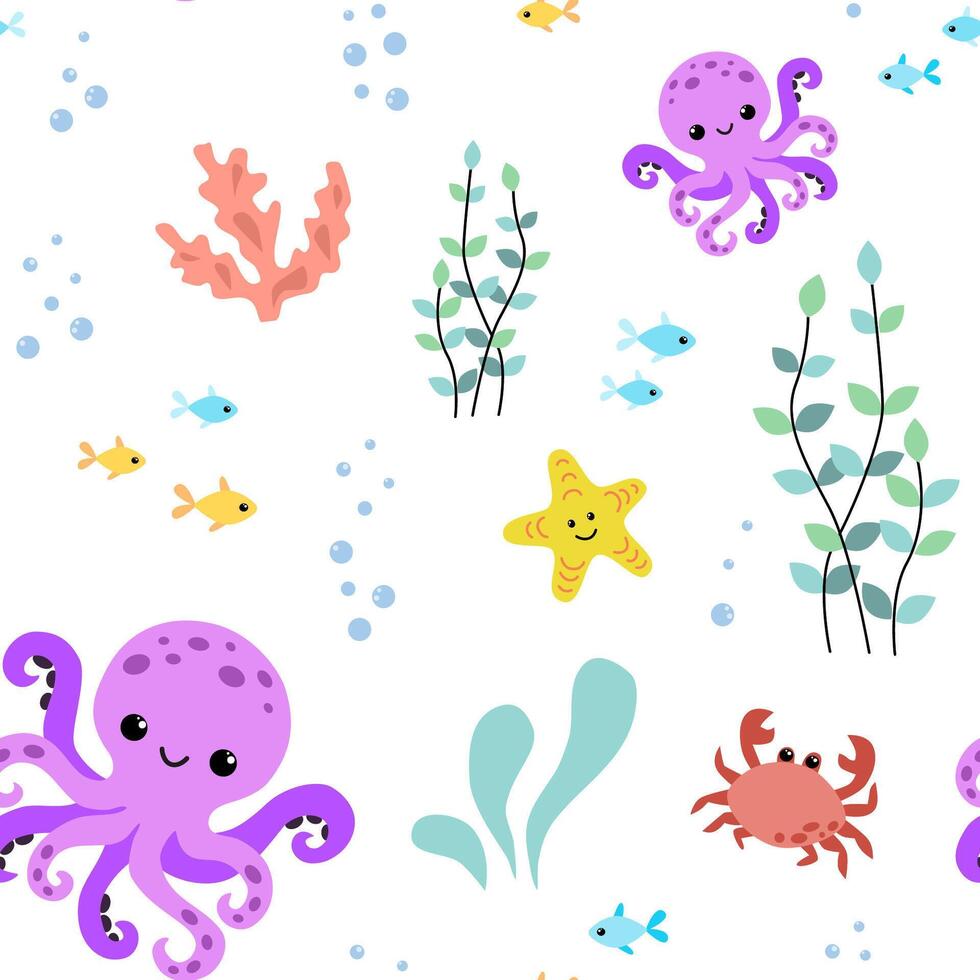 Seamless pattern with cute sea animals. Graphics on a white background, perfect for wallpaper, wrapping paper, for kids bedding, fabric, pillows, mugs vector