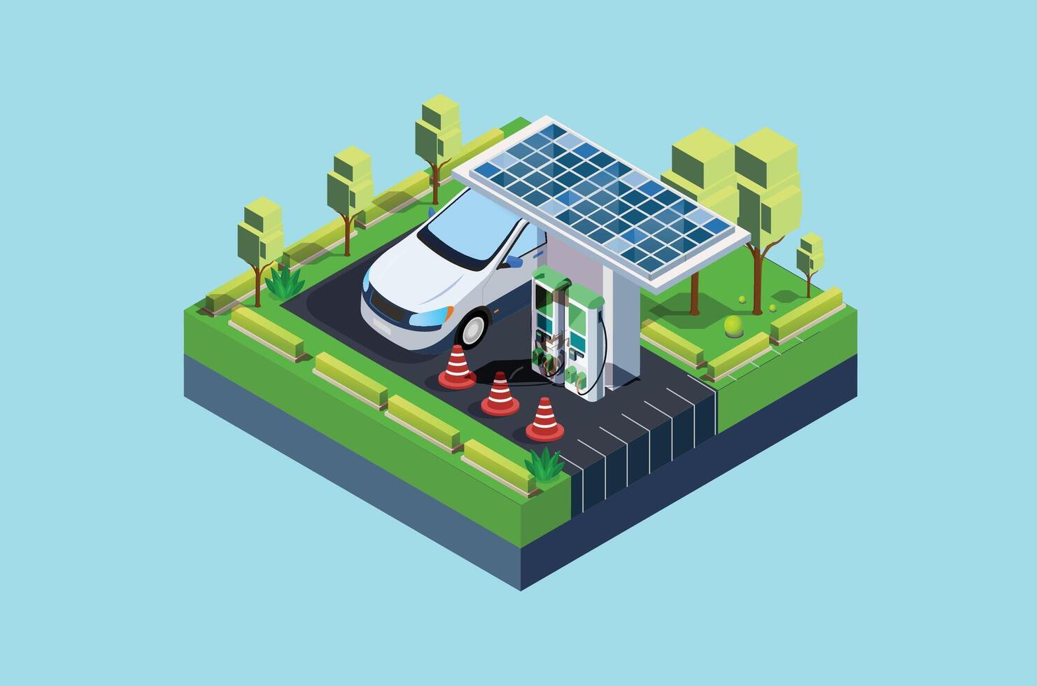 isométrica eléctrico coche cargando en estacionamiento lote con rápido sobrealimentador estación y muchos cargador establos. vehículo en renovable solar panel viento energía batería almacenamiento estación en red red. vector