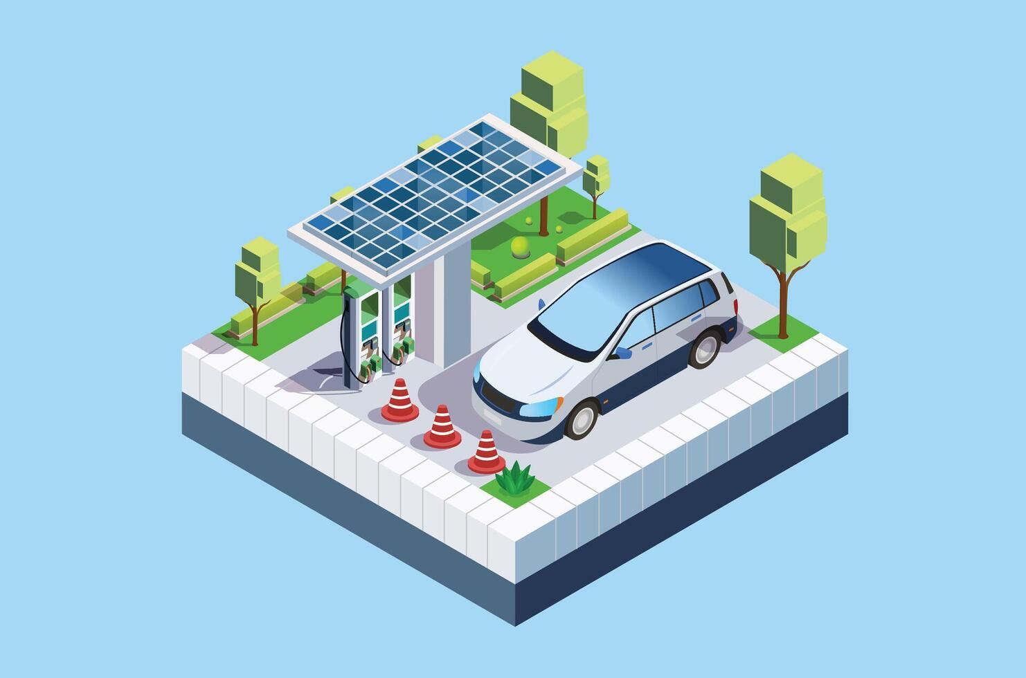 Isometric Electric car charging on parking lot with fast supercharger station and many charger stalls. Vehicle on renewable solar panel wind energy battery storage station in network grid. vector