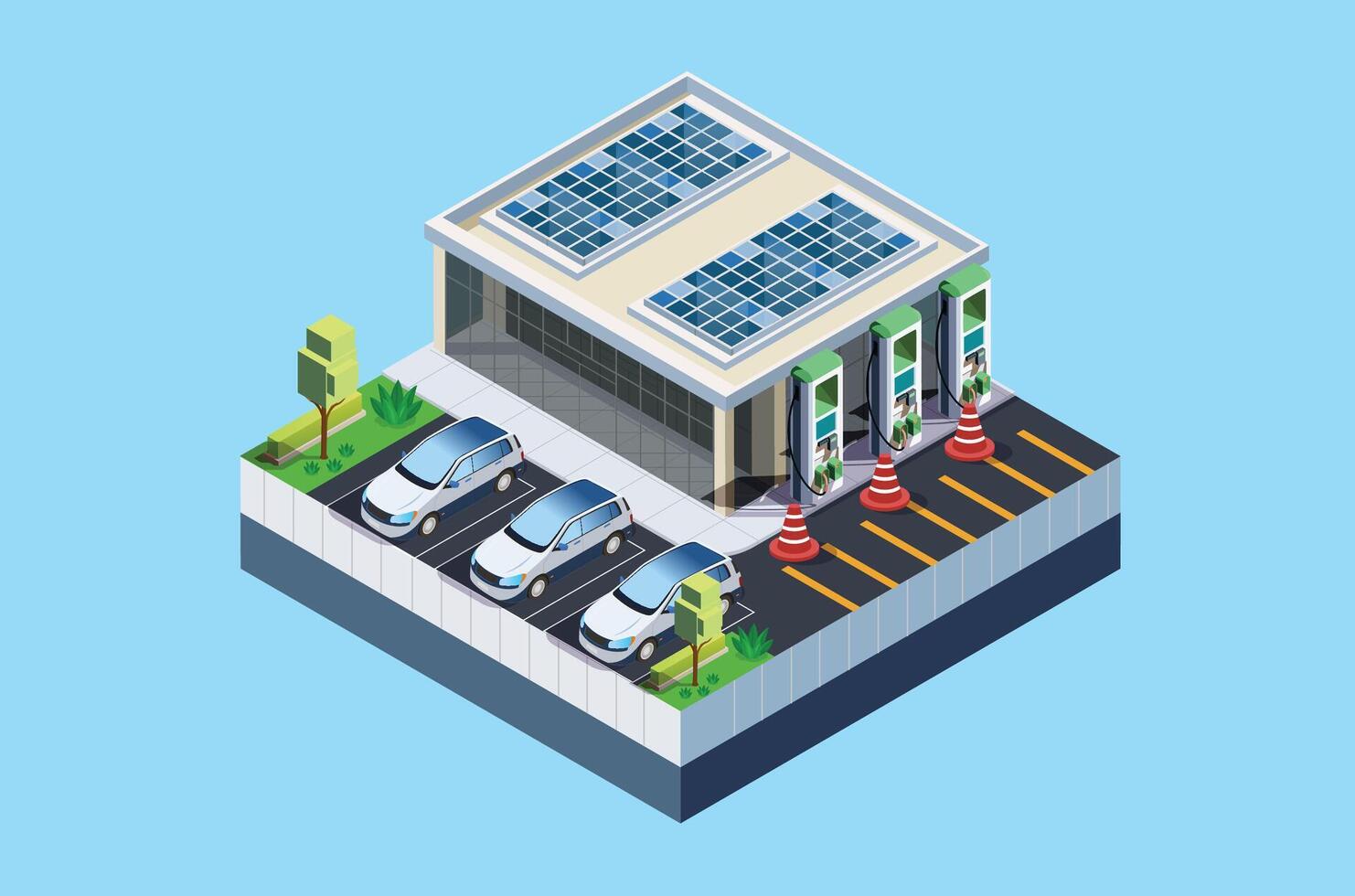 isométrica eléctrico coche cargando en estacionamiento lote con rápido sobrealimentador estación y muchos cargador establos. vehículo en renovable solar panel viento energía batería almacenamiento estación en red red. vector