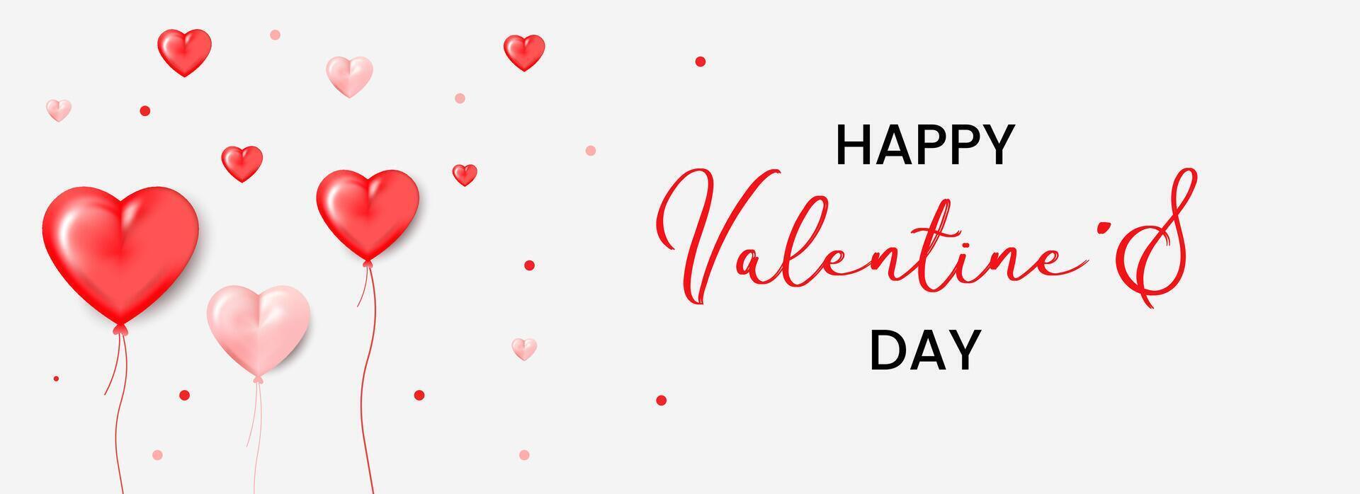 Happy Valentines Day banner with 3d creative love red and pink heart balloons on white background. vector