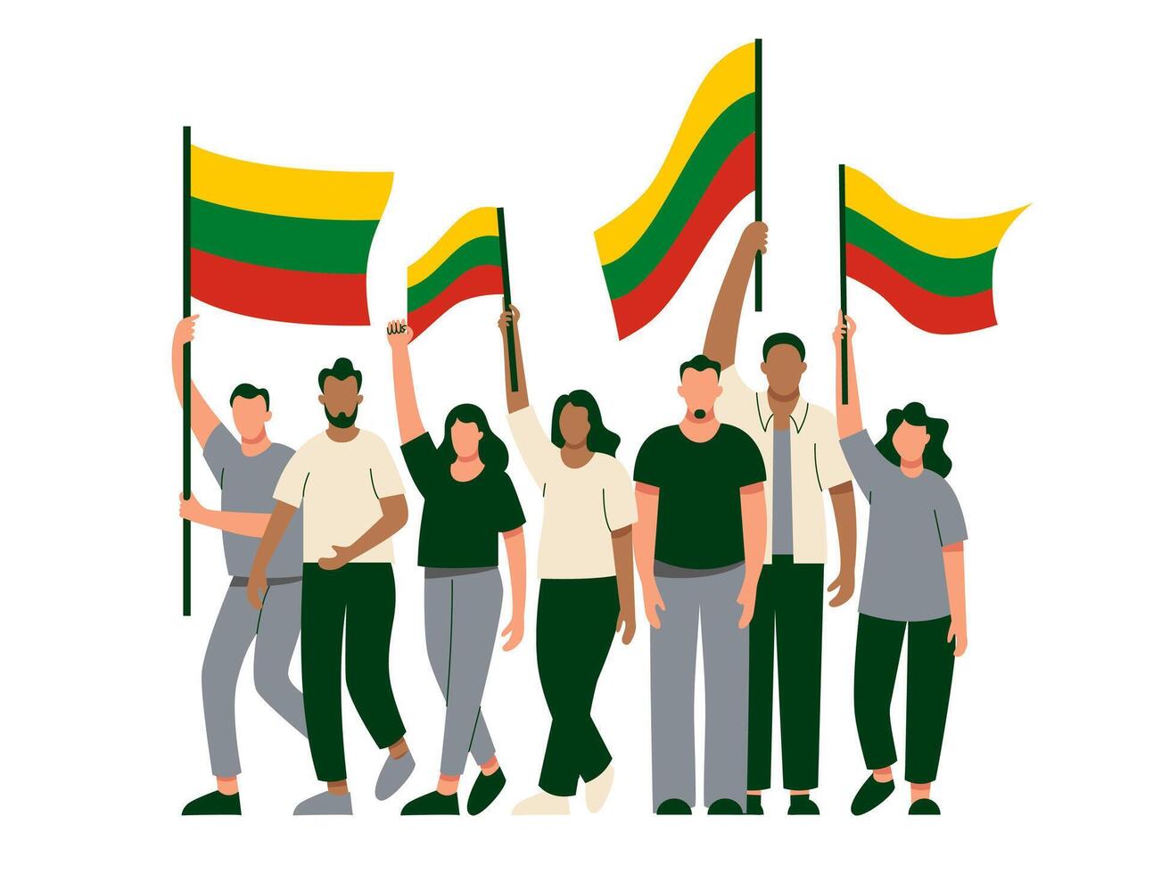 People with Lithuanian flags at the rally. Lithuanians are protesting. Elections, voting, freedom and rights. Vector illustration