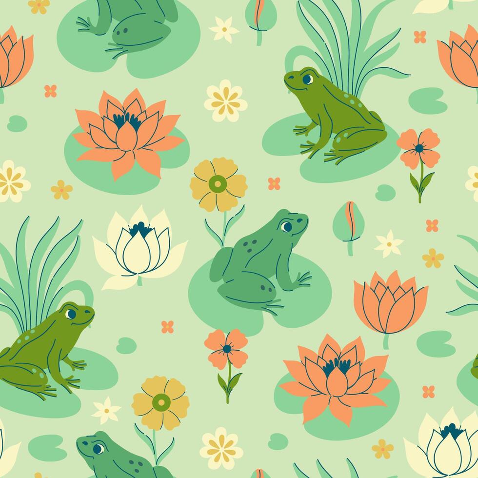 Seamless pattern with frogs and water lilies. Vector graphics.