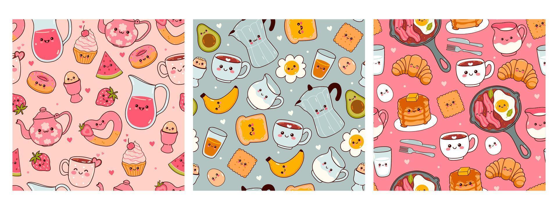 Set of cute seamless patterns with kawaii food for breakfast. Vector graphics.