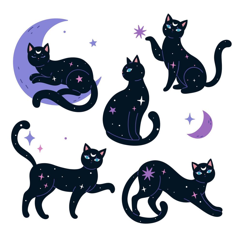 Set of black night magic cats. Vector graphics.