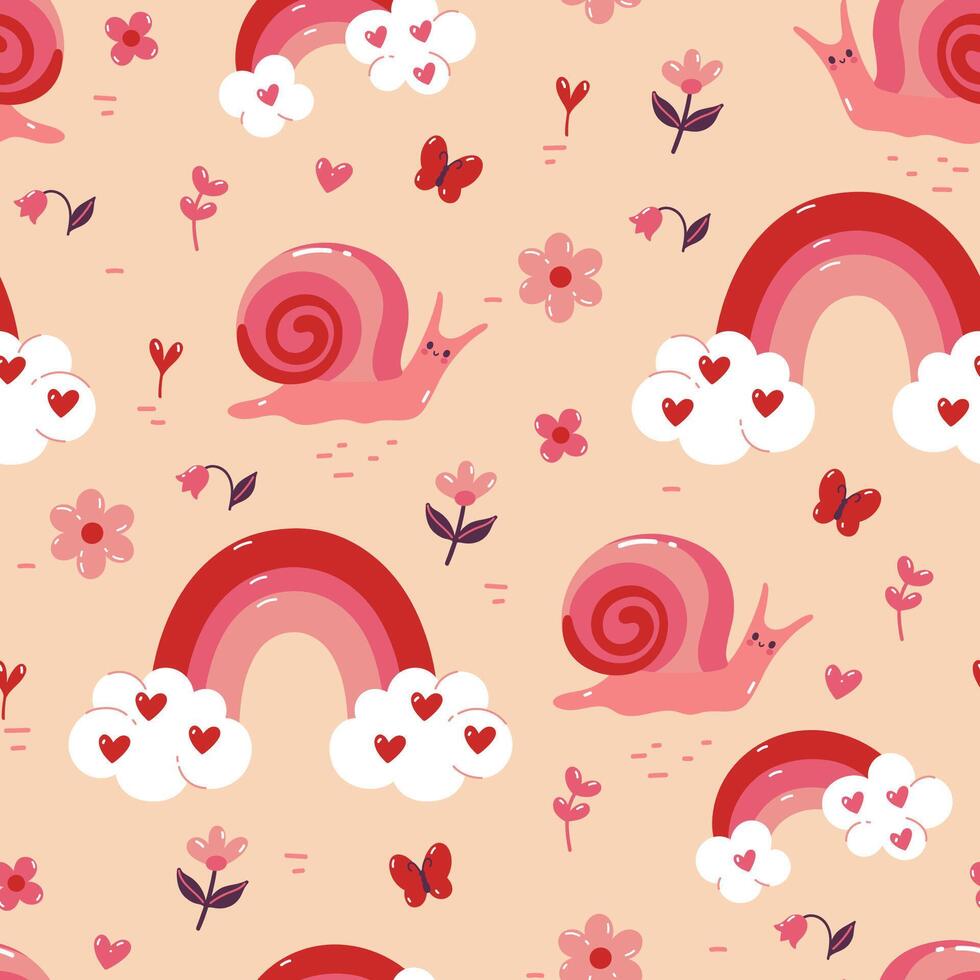 Seamless pattern with snails, rainbows, flowers, hearts. Vector graphics.