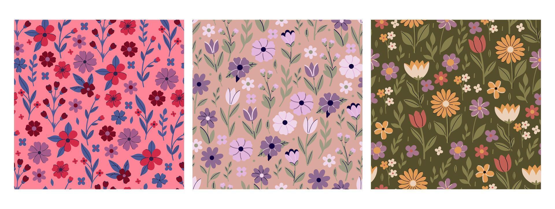 Set of seamless spring patterns with flowers. Vector graphics.