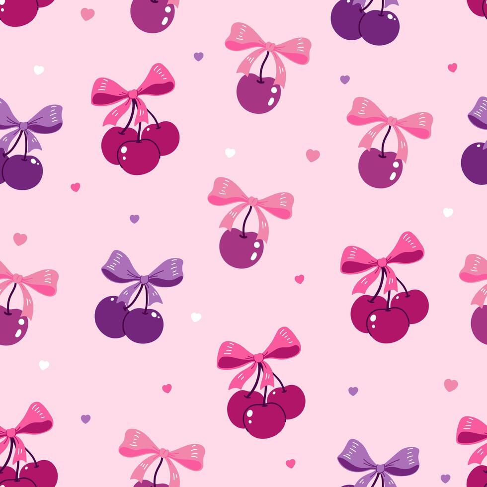 Seamless pattern with cherries with bows in lilac-pink colors. Vector graphic.