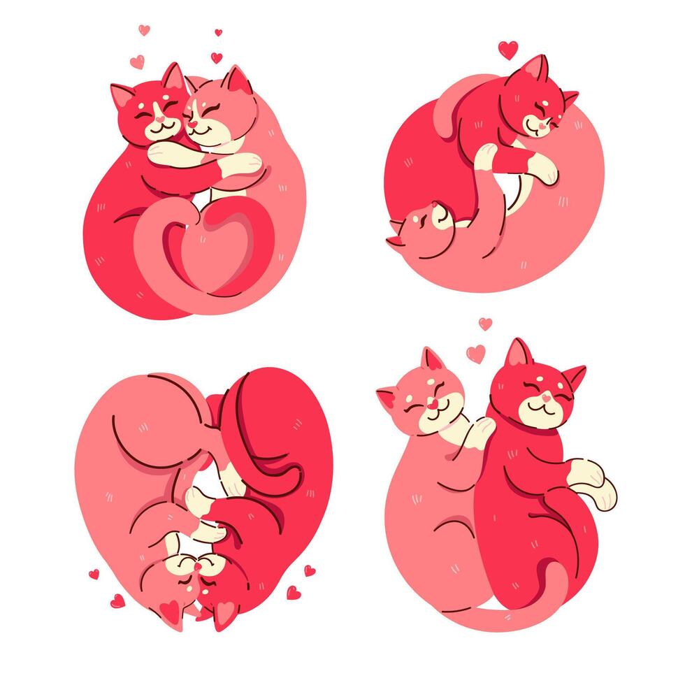Set of hugging lying curled up cats top view. Vector graphics.