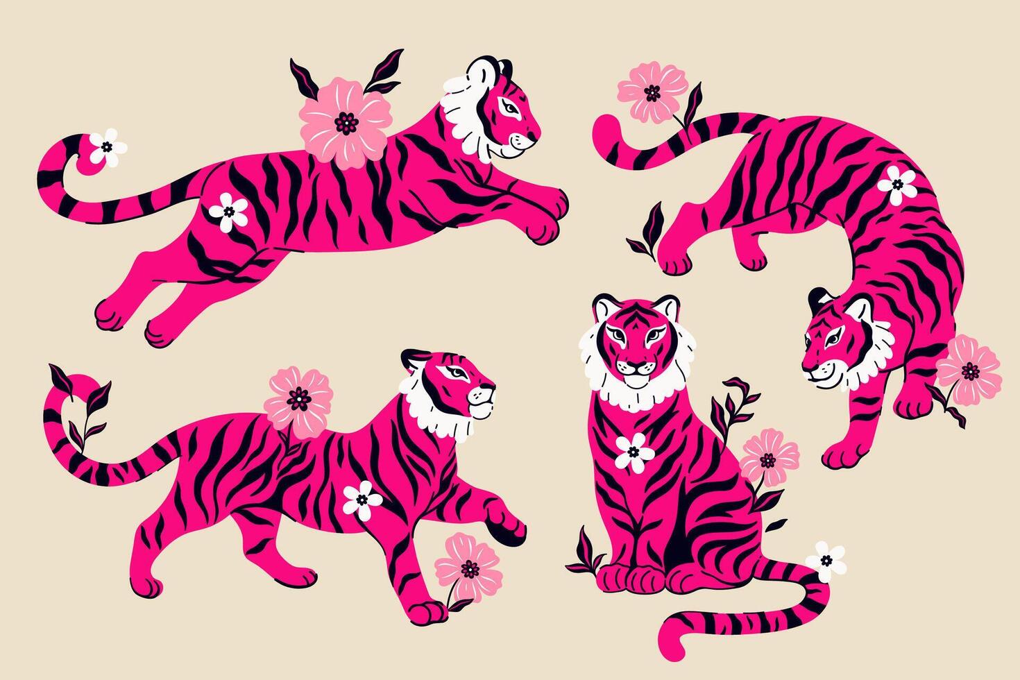 Set of fuchsia fancy graceful tigers in different poses. Vector graphics.