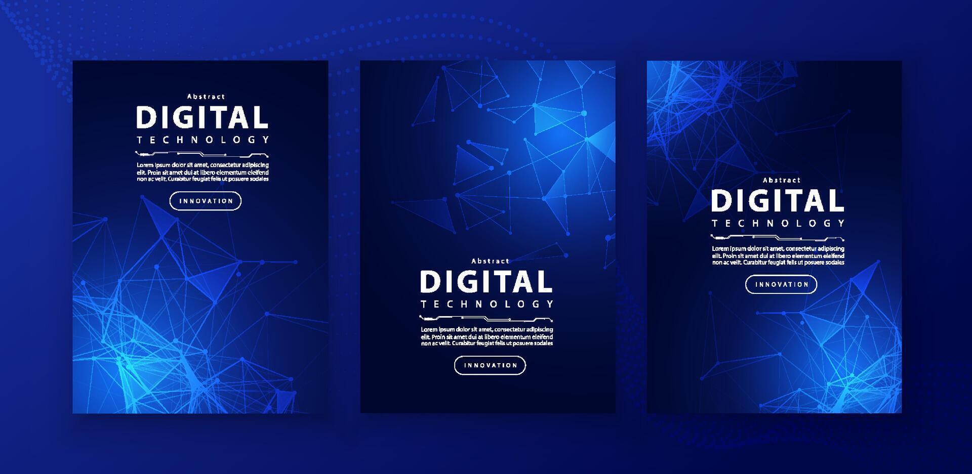 Poster brochure cover banner presentation layout template, technology digital futuristic internet network connection blue background, abstract cyber future tech communication, Ai big data science 3d vector