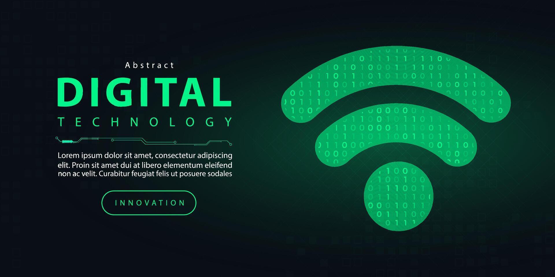 Technology wireless Wi-Fi digital futuristic internet network connection dark black background, green abstract cyber information communication, Ai big data science, innovation future tech illustration vector