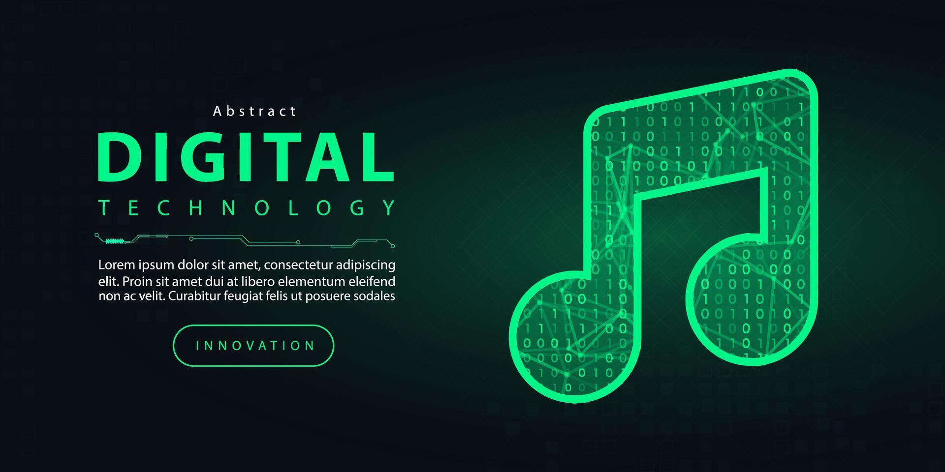Technology digital music note song, futuristic internet network connection dark black background, green abstract cyber communication, Ai big data science, innovation future tech illustration vector