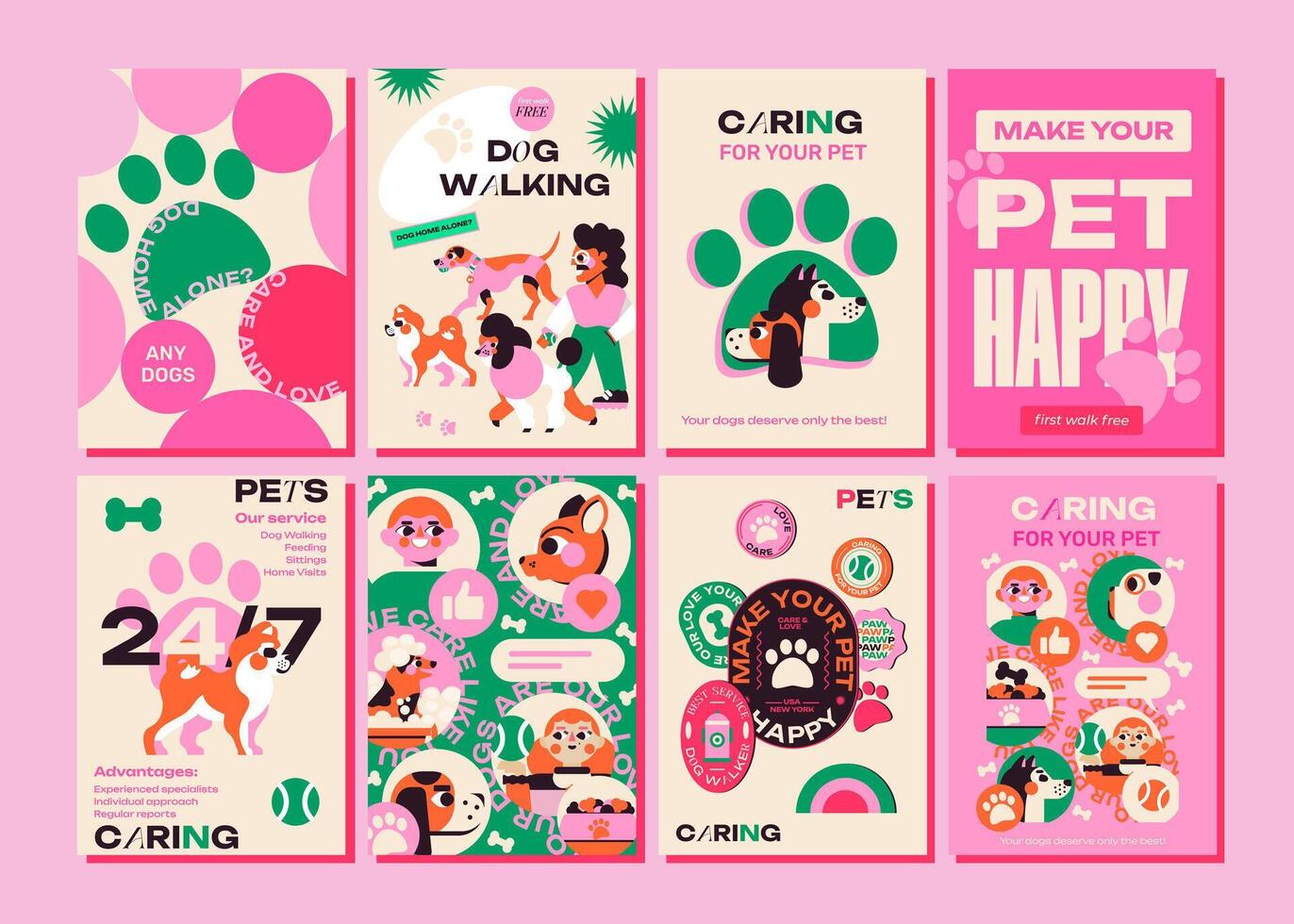 Set of 8 minimalist posters for dog walking services. Pet care, feeding, home visits. The design is ideal for both dog walking services and individuals vector