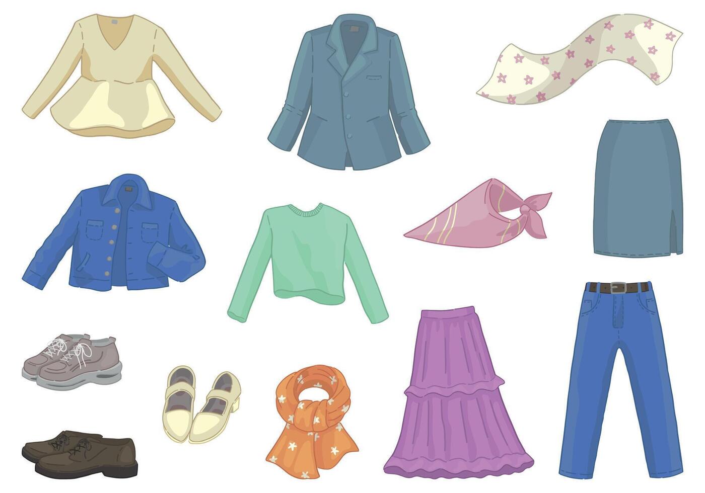 Set of spring clothes. Doodles of apparel, shoes, accessories. Cartoon vector illustrations collection isolated on white.