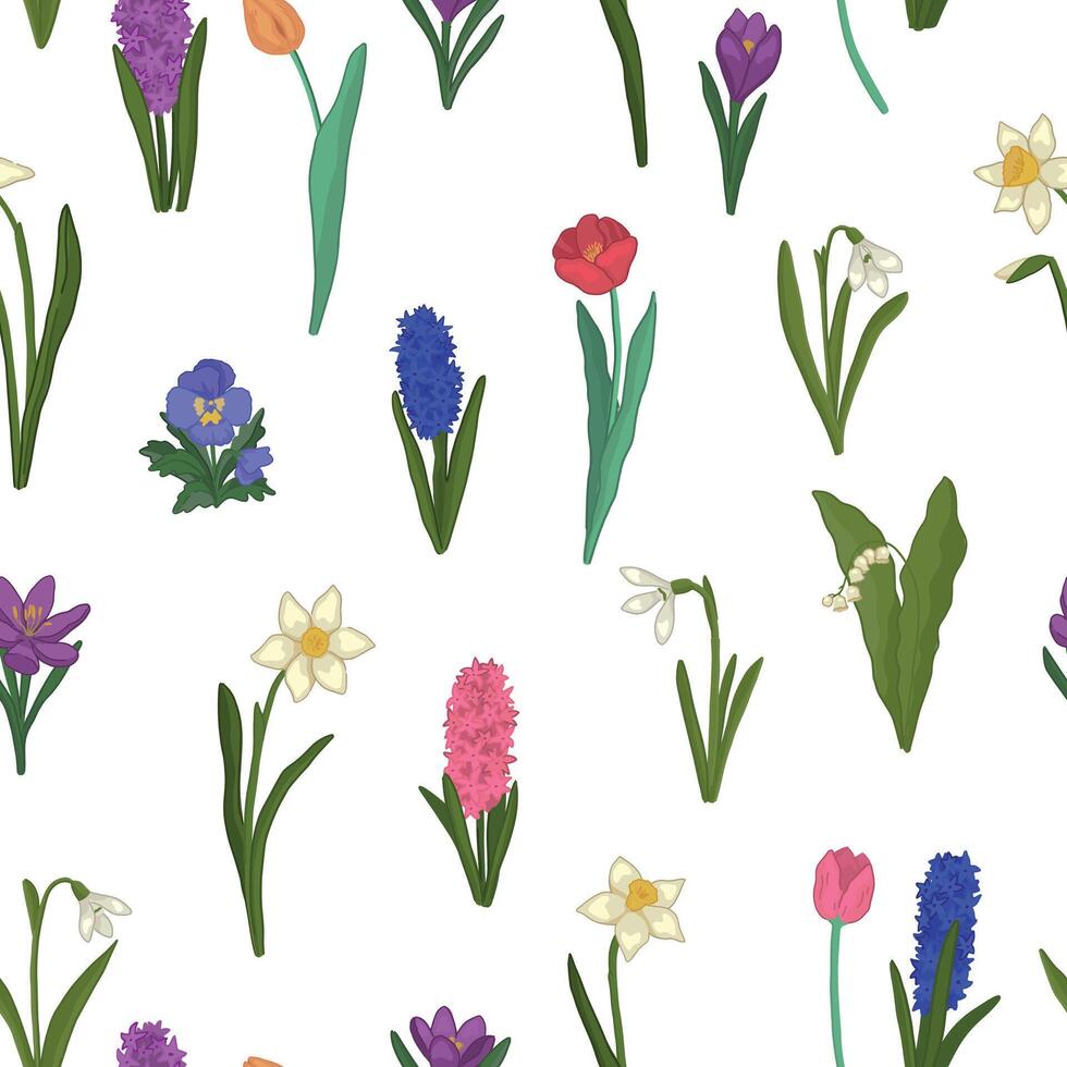 Spring flowers seamless pattern. Ornament of snowdrops, tulips, narcissus, pansies, crocus, hyacinth, lilies of the valley. Cartoon vector design.