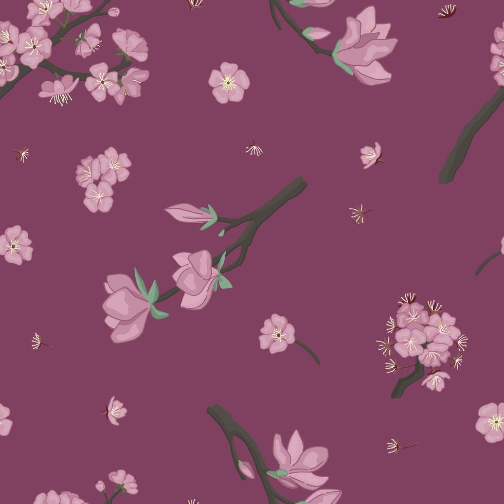 primavera botánico sin costura modelo. ornamento de floreciente árbol ramas de magnolia, sakura dibujos animados vector diseño.