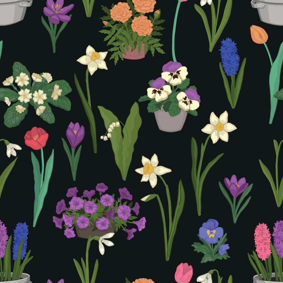 Spring flowers seamless pattern. Ornament of snowdrops, tulips, narcissus, pansies, crocus, hyacinth, primrose, marigolds, petunias, lilies of the valley. vector